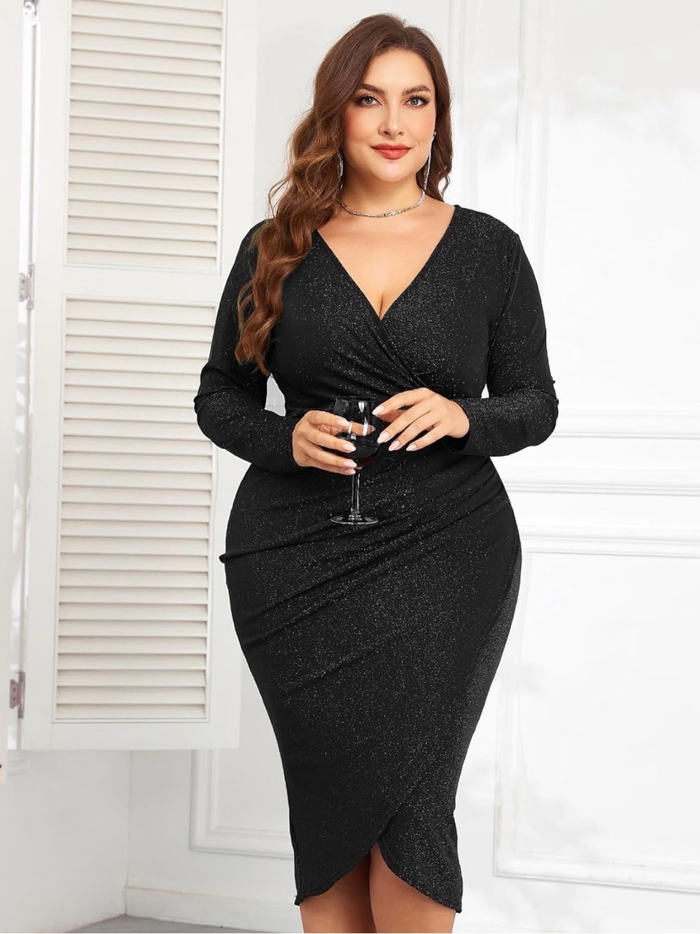 ZOMVA Sparkly Glitter Ruched Bodycon Midi Dress Wrap Wrap V Neck Long Sleeve XL